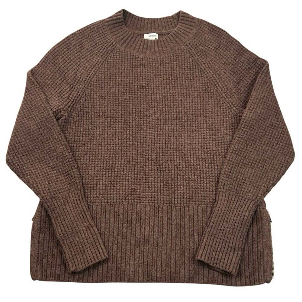 L.L.Bean SuperSoft Waffle Knit Brown Crewneck Side Zip Sweater Women's M
